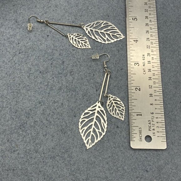 Dangle Pierced Earrings Double Filigree Leaf Silver Cut Away Large Small Boho - Picture 5 of 5